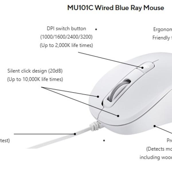 ASUS MU101C Wired Blue Ray Silent Mouse Comfod, Upto 3200 DPI with DPI Switch, Easy Scroll, 2.4GHz Connection,  White